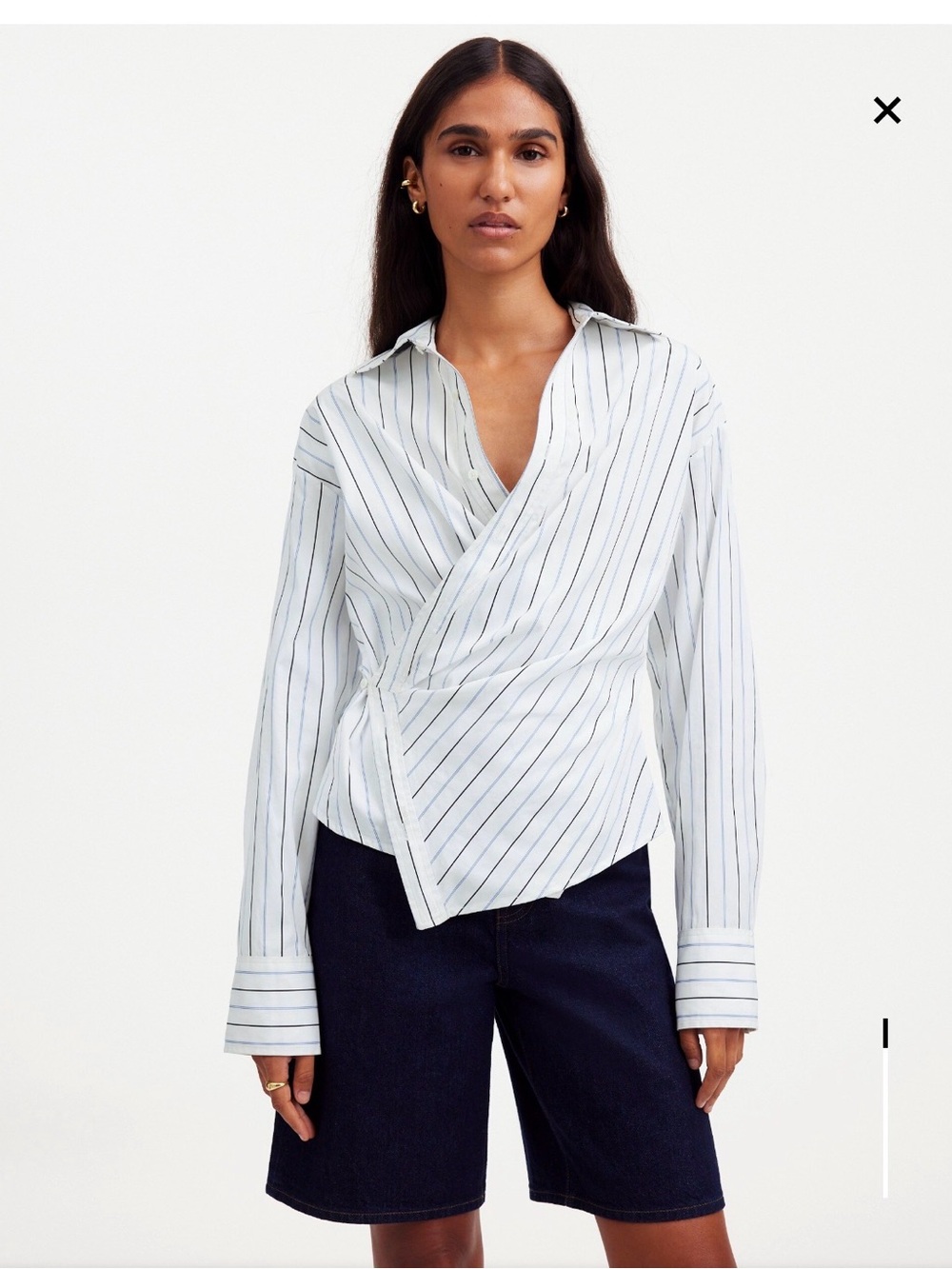 Madewell White Shirt with Navy Pinstripes Wrap Detail